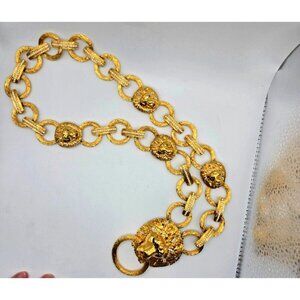 D'orlan #2322 Massive 5 Lion Statement Necklace with Rhinestones green eyes 32"